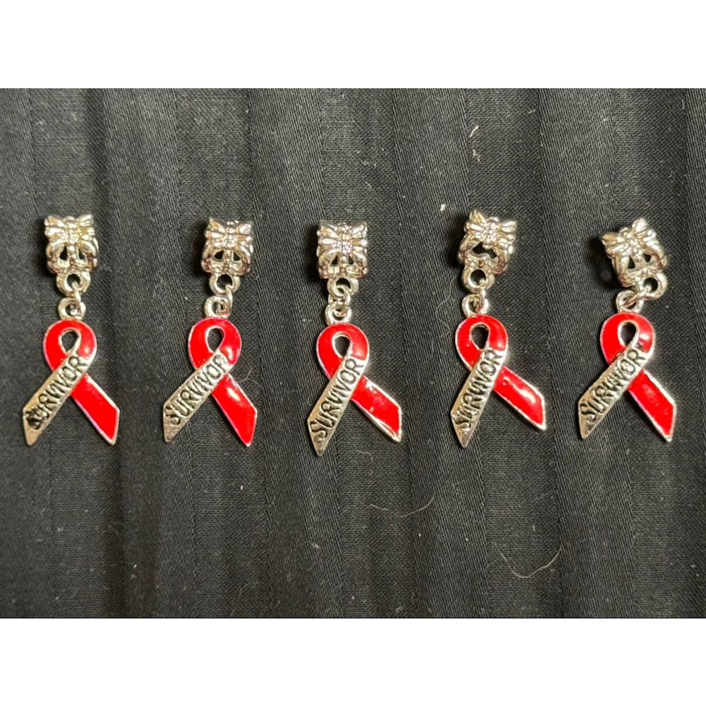 Set of 5 RED SURVIVOR AWARENESS RIBBON - HIV/AIDS - BLOOD CANCER - HEART DISEASE